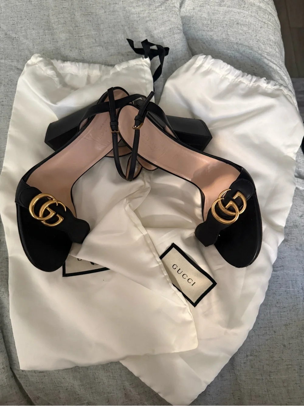 Gucci Black Leather Block Heel Sandals with Gold GG Hardware